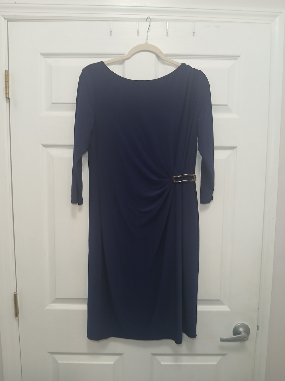 Evan Picone Navy Blue Gathered Sheath Dress with Side Buckle